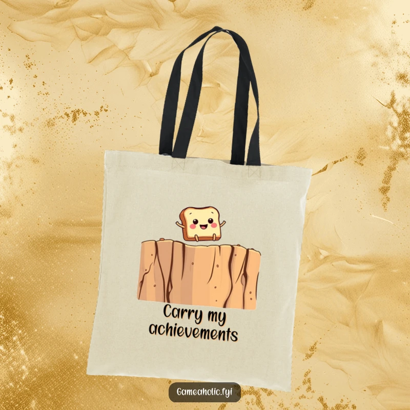Funny tote bag with a smiling toast character, tiny legs mid-leap over a giant crumb cliff, a symbol of breakfast daring.