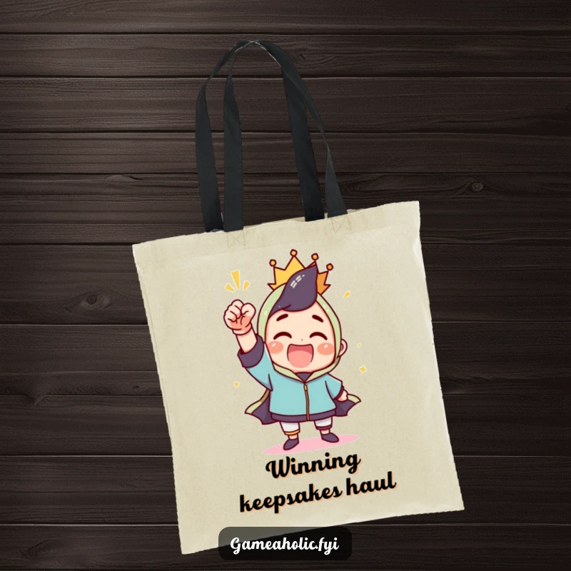 Funny tote bag showing a character celebrating a win with a triumphant fist pump, perfect for carrying victory-related items.