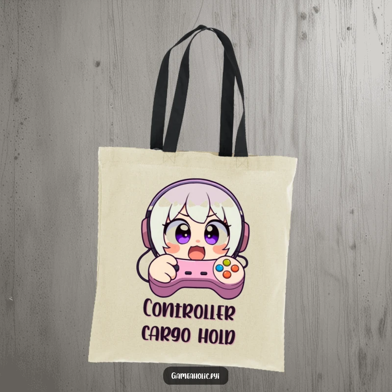 Funny tote bag depicting a character with wide, excited eyes, frantically mashing video game controller buttons, ideal for carrying gaming gear.