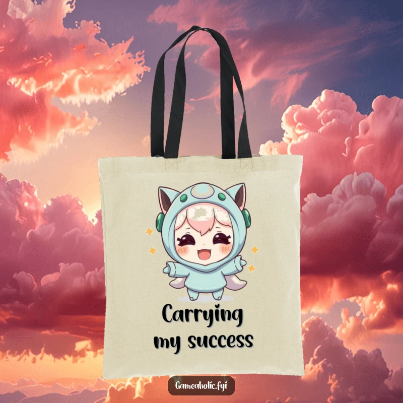 Funny tote bag featuring a character with joyful eyes celebrating a successful in-game maneuver, a humorous and practical accessory.