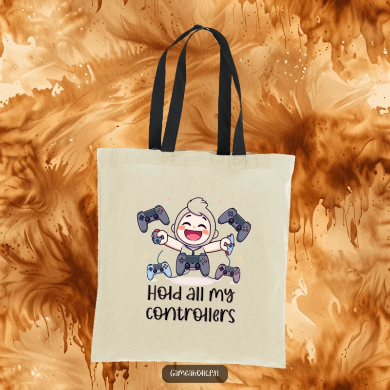 Funny tote bag depicting a giggling character happily juggling multiple video game controllers, ideal for carrying gaming gear.