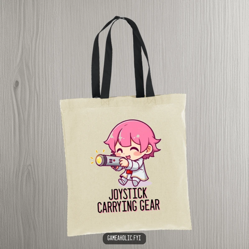 Funny tote bag featuring a character aiming a tiny, glowing joystick, symbolizing gaming precision and readiness.