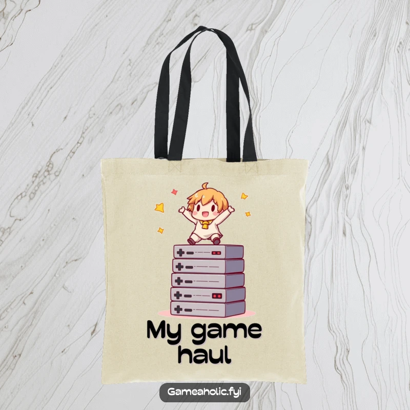 Funny gamer tote bag depicting a character balancing on game cartridges, ideal for carrying gaming accessories.