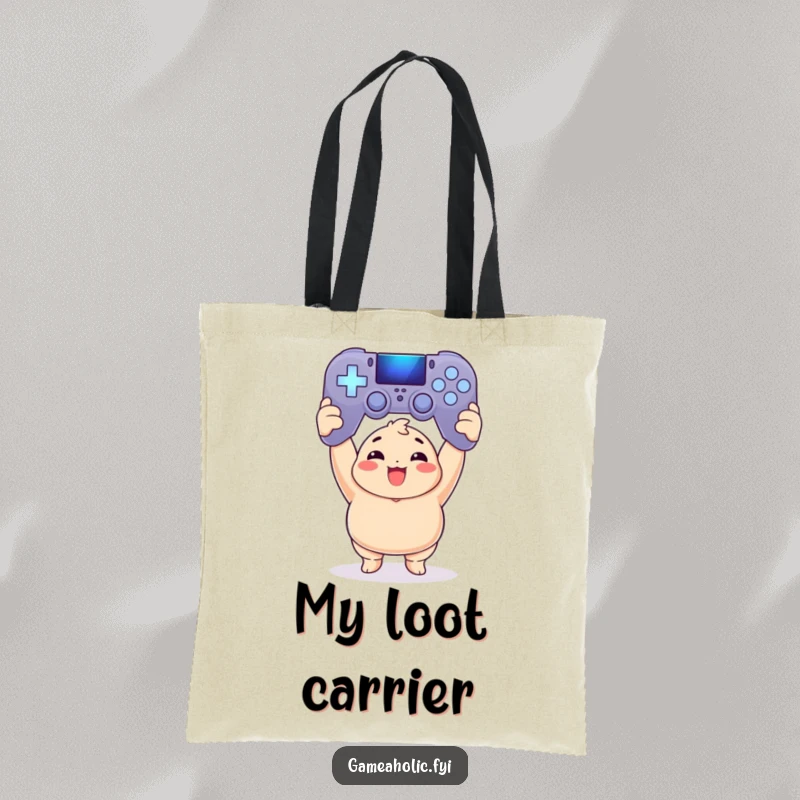 Funny Tote Bag: Chubby gamer victoriously raises a huge, illuminated game controller, ready for any quest.