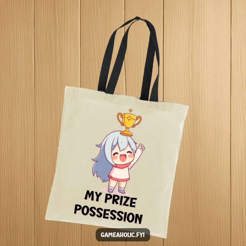 Funny tote bag featuring a character joyfully holding up a tiny, golden trophy, perfect for celebrating achievements on the go.