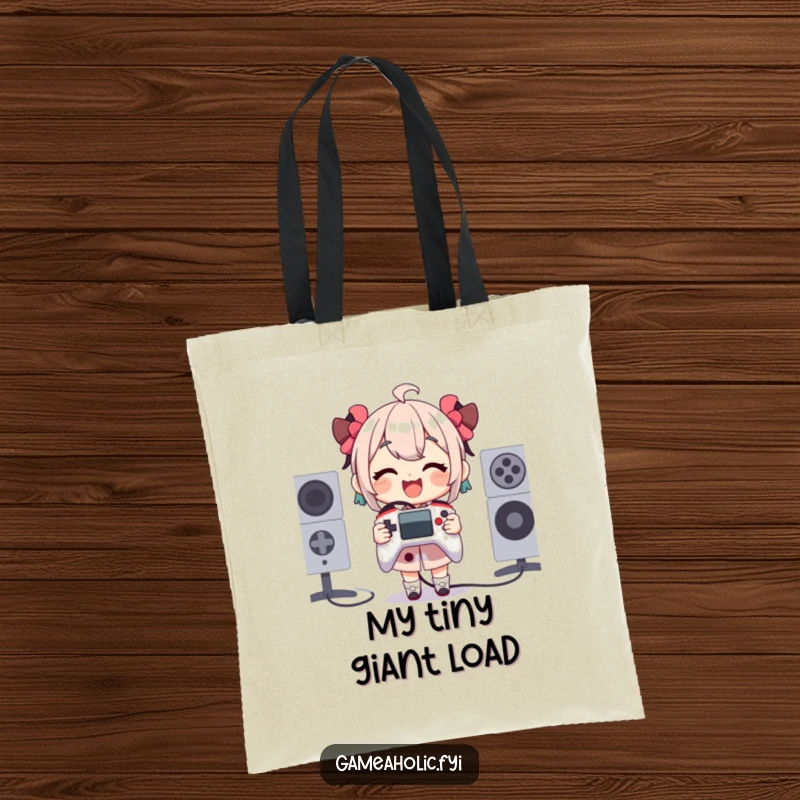 Funny Tote Bag showcasing a character gleefully holding a tiny game controller that appears comically oversized, perfect for gamer essentials.